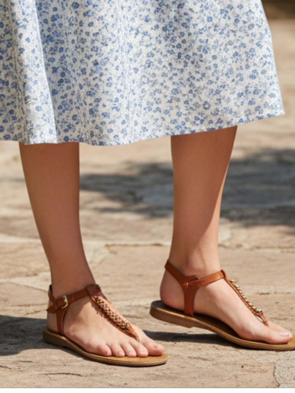 COACH Brown Leather Braided T-Strap Sandals